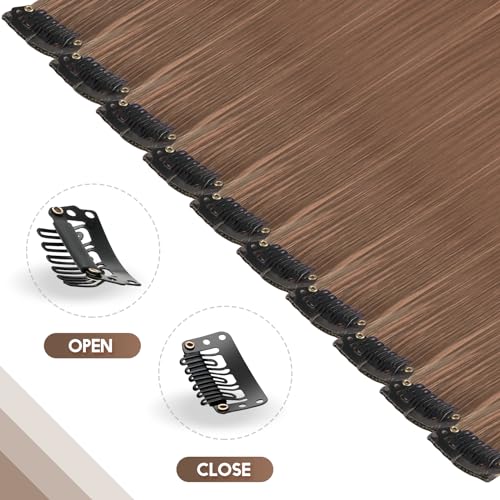 FESHFEN Coloured Clip in Hair Extension Light Brown Hairpieces for Women Party Highlight Colourful Straight Long Hair Extensions Clip in Hair Piece - Image 3