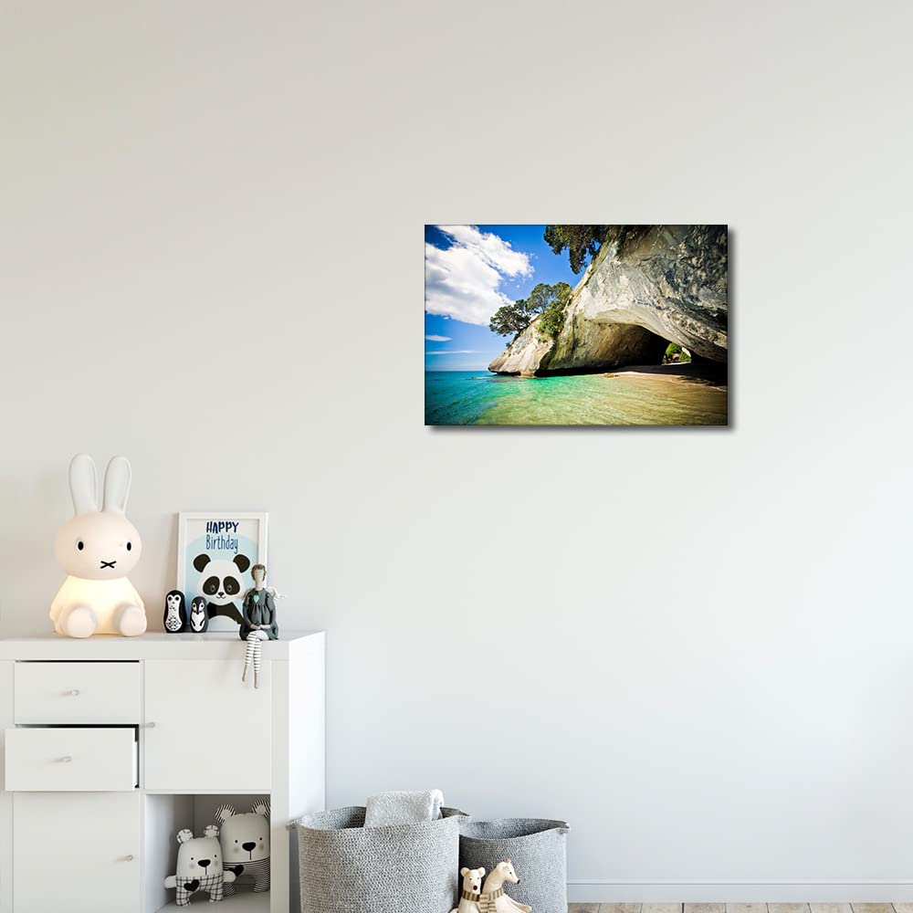 Canvas Wall Art Cathedral Cove Coromandel Peninsula in New Zealand Scenery Painting Prints Stretched and Framed Ready to Hang for Home Decorations Office Wall Decor 12x18inch - Image 4