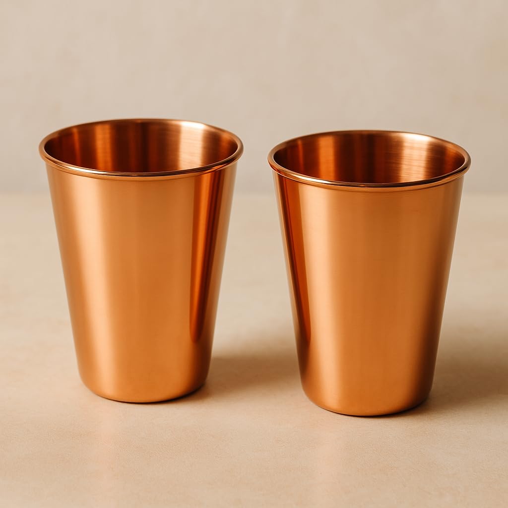 Set of 2 Copper Tumbler | 350 ml / 11.8 Oz 100% Pure Copper Plain Glasses | Ayurvedic Health Benefits Medicine Cups | Drinking Water Tumblers 2 Pieces | Premium Quality Copper Cup