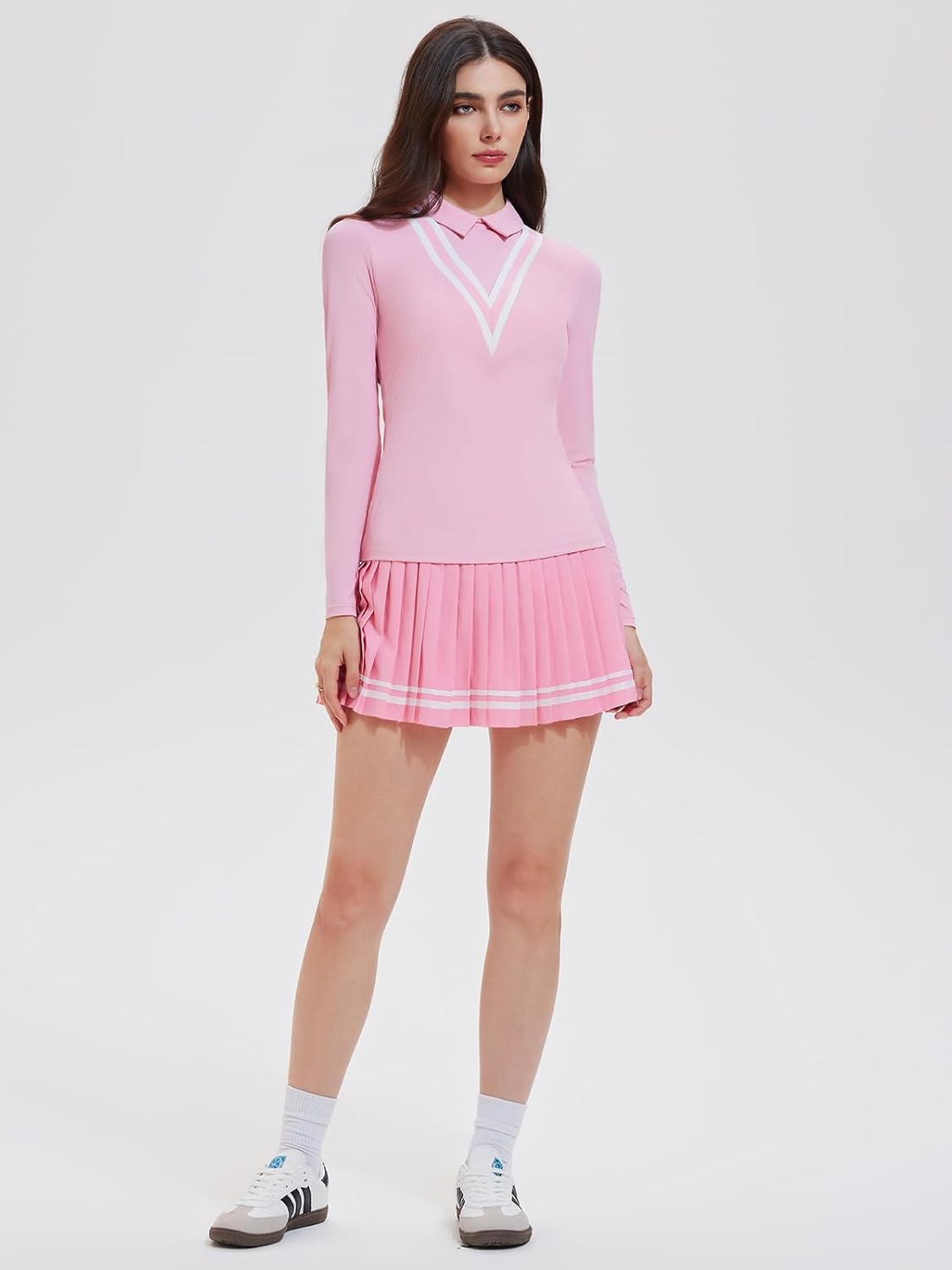 Women's 2 Piece Tennis Skirt Set Long Sleeve, Preppy Polo Top & Pleated Skorts, Fall Winter Athletic Outfits for Pickleball - Image 6