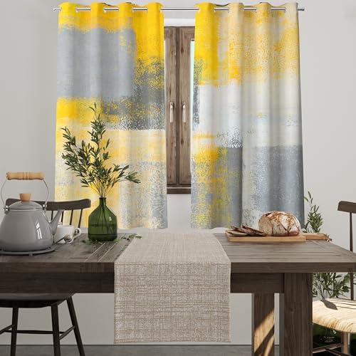 Image of Yellow Window Curtain Yellow Grey Abstract Thermal Insulating Drapes Rust Art Treatment Drapes Modern Curtains for Living Room Bedroom Hotel, 26 inch x 36 inch, 2 Panels