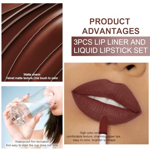 Image of evpct 3Pcs Chocolate Nude Brown True Nude Matte Lip Liner & Liquid Lipstick Stain Makeup Set for Women, Lip Liner Stain Long Lasting Waterproof Smudge Proof, Cruelty Free Lip Makeup 24 hours originale