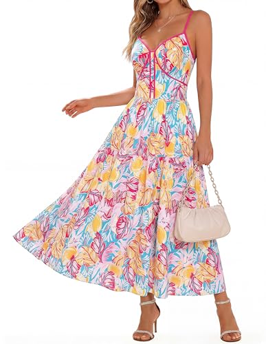 GRACE KARIN 2026 Women's Spaghetti Vacation Sundress Summer Beach Flowy Boho Floral Maxi Dresses with Pockets Orange White Floral XXL