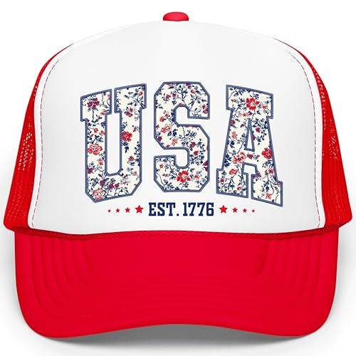 USA 1776 Faux Embroidery Floral Trucker Hat for Women Foam Front Classic 5 Panel Mesh Snap Back White/Red Trucker Hat