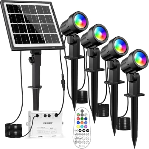 MEIKEE Luces Solares Led Exterior Jardin 4 en 1 Focos Led RGB Exterior Jardín IP66 Impermeable Control Remoto Temporizador 10 Colores 30 Modos Cambio de Color 2 Nivels de Brillo para Árboles Césped
