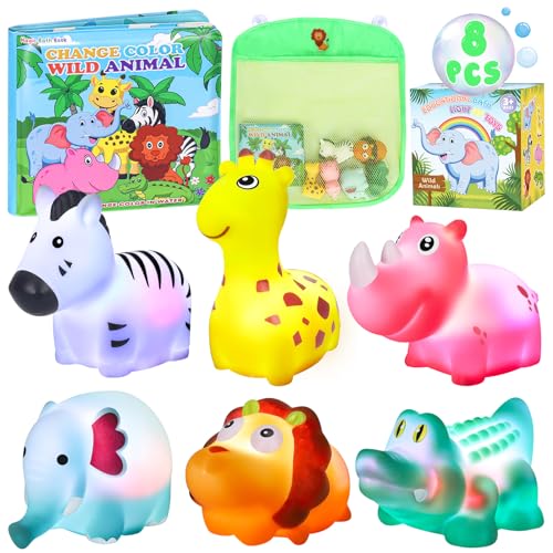 Image of Light Up Bath Toys for Toddlers Kids Baby Boys Girls, No Hole Bath Toys with Bath Book & Organizer, Glow Bath Time Toys for Bathrooms Pool, Animals Bathtub Toys Gift for Toddlers Kids Baby Infants