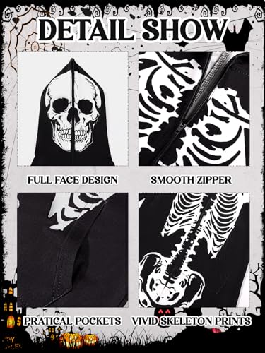 URMAGIC Family Skeleton Pyjamas Halloween Costumes for Adult Mens Kids Womens One Piece Pyjamas with Hood Full Body Bone Print Fancy Dress Costume White - Image 7