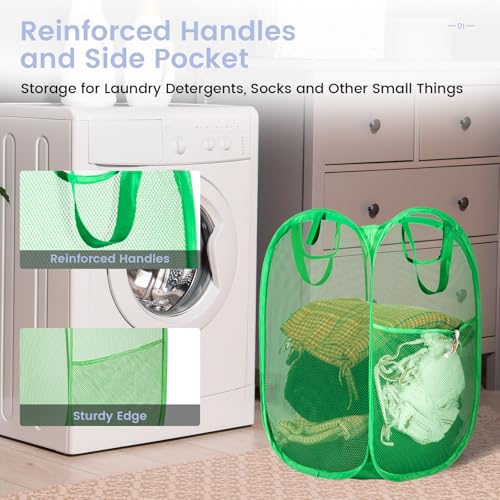 Image of HOUSE AGAIN 2 Pack Strong Mesh Pop Up Laundry Hamper, 70L Collapsible Laundry Basket with Steel Frame, Double‑Stitched Handles & Side Pocket, Foldable Dirty Clothes Hamper for Dorm, Bedroom, Green