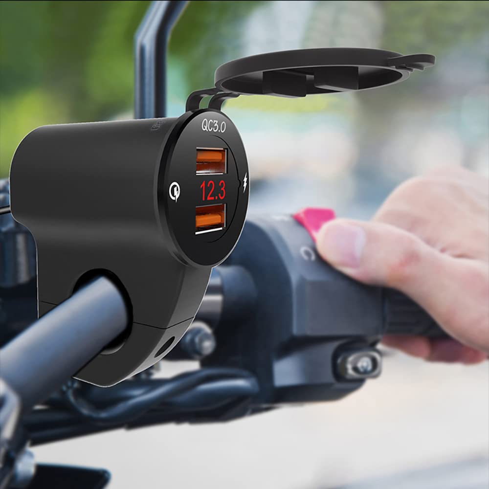 Riloer Chargeur de téléphone Portable de Moto en Alliage d'aluminium USB Dual QC3.0 Charge Ultra Rapide avec voltmètre + Interrupteur étanche Noir pour Smartphones, tablettes et GPS