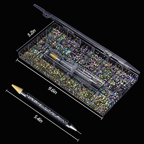 Nail Art Rhinestones Kit Huetfat 8400Pcs Multi Shapes Glass Crystal Ab Nail Stones Nail Jewels Flatback Nail Gems Rhinestones Packaged In Diamond Storage Box With Wax Pen For Nail Art Craft #TOP5