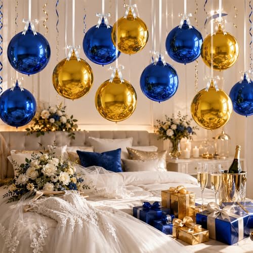 Image of 9 Pcs Blue Gold Round Foil Balloons Dark Navy Blue Metallic Gold Chrome 4D Ball Balloons 22 In Orbz Mylar Balloon for Graduation Grad Birthday Wedding Anniversary Disco Party Decorations