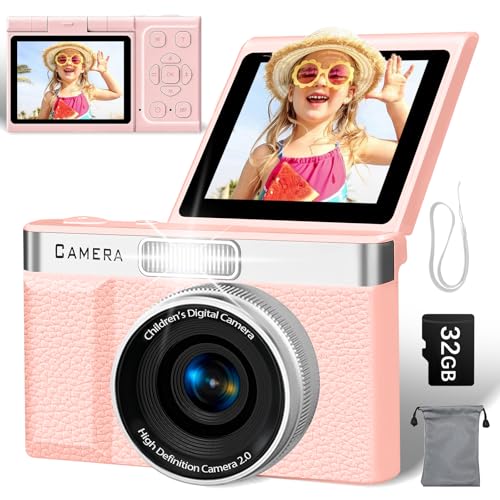 Digitalkamera Kinder Fotokamera, 48MP Kinderkamera Foto mit 2.4' 180° Klappbar Bildschirm, Tragbare Kompaktkamera mit 32GB SD-Karte, Geschenk für Kinder Teenager Studenten Anfänger