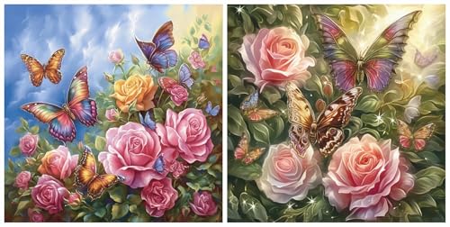 Kit Peinture Diamant 5D Papillons et Roses | 2 Pcs Loisir Créatif Adulte Débutant 70x70 cm
