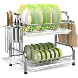 Dish Drying Rack, iSPECLE 304 Stainless Steel 2-Tier Dish Rack with Utensil Holder, Cutting Board Holder and Dish Drainer for Kitchen Counter