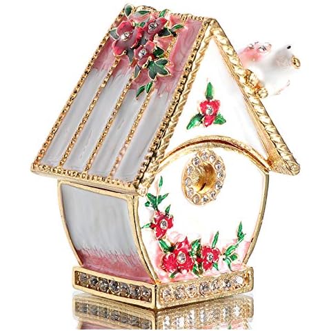 Waltz&F Bird House Metal Trinket Box Jeweled Hand-Painted Ring Holder Animal Collectible Figurine Decoration Cover