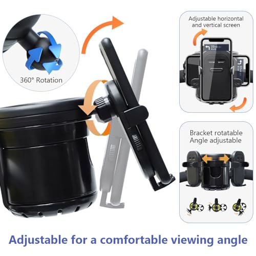 Cup Holder for Wheelchair, Scooter, Walker, Rollator - 2 in 1 Water/Drink Bottle Holder and Phone Bracket Accessories, Adjustable, 1 Pcs (Black-C)