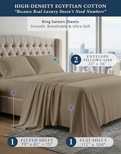 Image of LANE LINEN Alaskan King Sheets 100% Egyptian Cotton Sateen - Taupe | Black King Size Sheets - 4-Piece Set, For A Luxurious Night's Sleep, For Guests And Everyday Use, Luxe Sheen, Plush