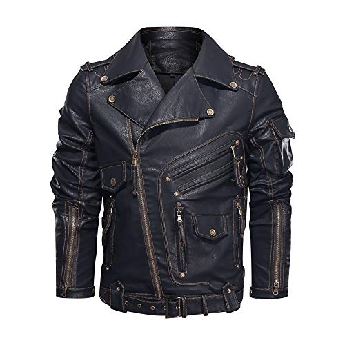 FEDTOSING Men's Motorcycle PU Faux Leather Jacket Vintage Lapel Collar Bomber Jacket (Black L)