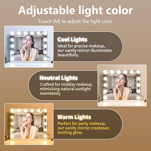 Image of Vanity Mirror with Lights Lighted Makeup Mirror with Dimmable LED Bulbs,3 Color Lighting Modes,USB Charging Port Touch Control,Sturdy Metal Frame Design,White (50x40cm, 4.70)