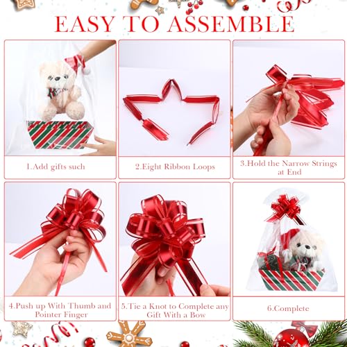 Image of Thenshop 44 Pcs Basket for Gifts Empty Gift Basket Bulk Include 12 Cardboard Tray 12 Plastic Bags and 20 Pull Bows for Christmas Fall Halloween Birthday Wedding Party DIY Wrapping(Stripe,Red, Green)
