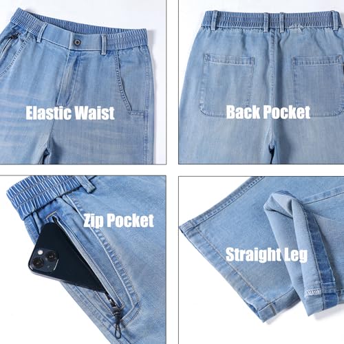 Viatabuna Elastic Waist Jeans for Men Stretch Waist Relaxed Fit Light Washed Baggy Straight Leg Pull On Jeans with Pockets3