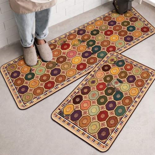 Image of Kitchen Anti Slip Mat for Floor, Waterproof Washable Kitchen Mats, Non Slip Kitchen Floor Mats for Home, Soft Mats for Kitchen, Kitchen Mats for Floor Anti Slip (HEXAGONE-Ethnic)