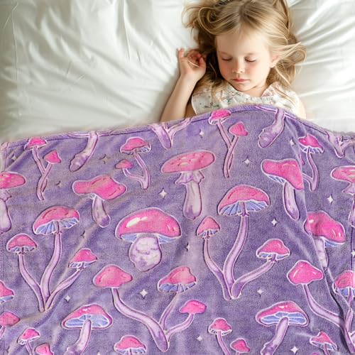 Image of Twin Size Mushroom Blanket Glow in the Dark - Soft Fuzzy Purple Fleece Throw Cottagecore Bedding for Women Teens, Couch Sofa Home Decor 60x80inches