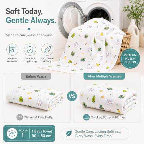 Image of 6 Layer Muslin Cotton Printed Bath Towel for Babies Cotton Super Soft Towels for Newborn Baby Absorbent Bathing Towel,Kids Boys and Girls Random Print Size 45 x 90 cm (Pack of 1)