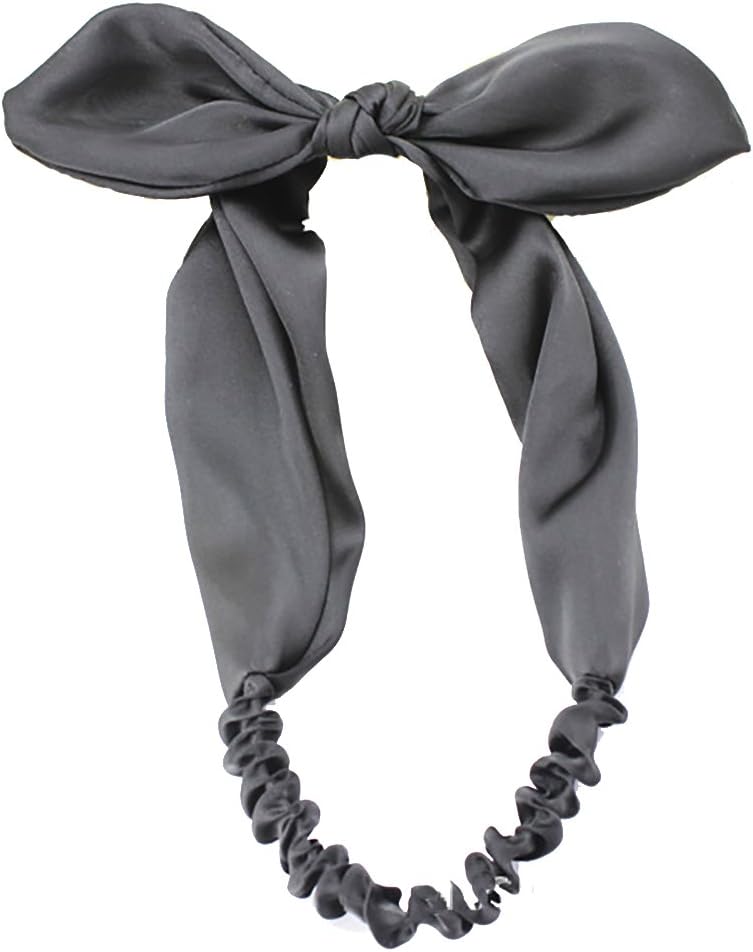 Kissing U Women Girls Silk Satin Bowknot Headbands Head Wrap Elastic Wire Headband Bow Style Twisted Hair Band (Rabbit ears black)