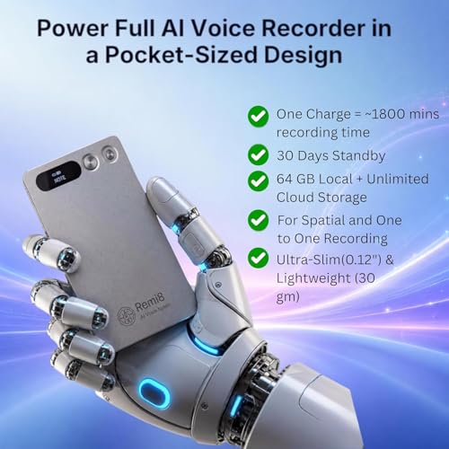 Image of Remi8 AI Voice Recorder 64GB | AI Meeting Summaries & Reminders | 600 Min /Month Auto Transcribe | Unlimited Recording | 100+ Languages incl. All Indian Languages | Whatsapp & Call Recording