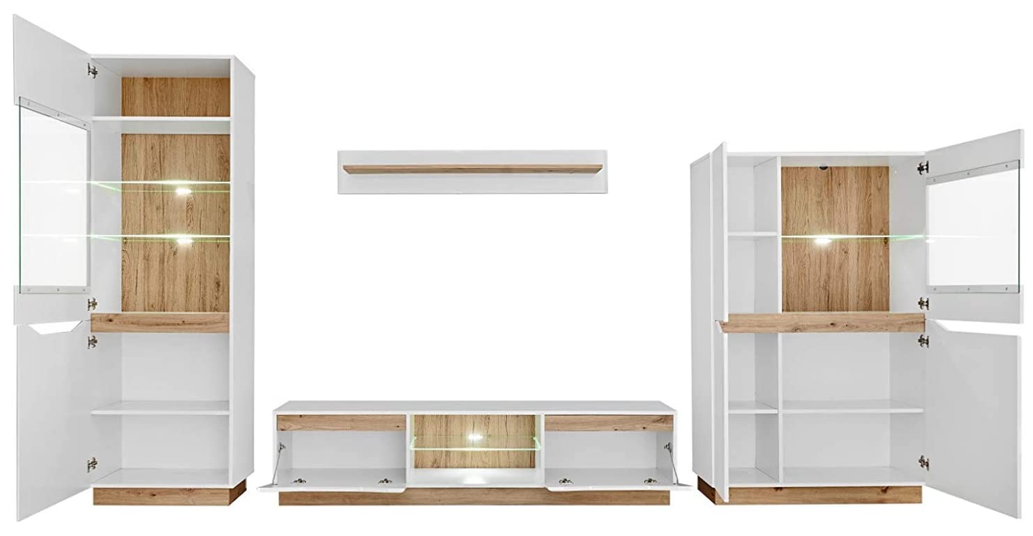 ABIKSMEBLE Meuble-Paroi Murale Fame - Ensemble de Meubles de Salon Moderne - Armoire Murale - Blanc Mat, Blanc Brillant, Chêne Artisan