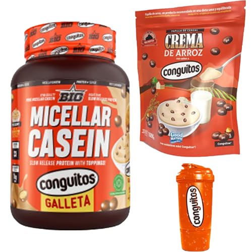 Pack Conguitos galleta,recuperación Completa:Caseína Micelar 1kg, Crema de Arroz 1 kg y Shaker 500ml