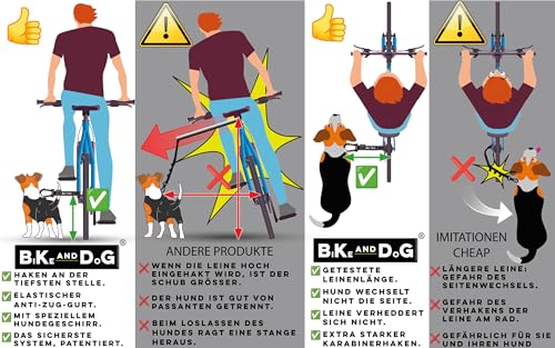 BIKE AND DOG - Fahrrad-Hundeleine, werkzeuglose Befestigung, spezielles Geschirr als Option, inklusive 2 Fahrradbändern. Patentiert. (Gelb)