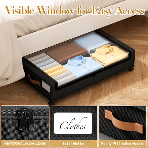 Yecaye-60L-Under-Bed-Storage-with-Wheels-4-Pack-Black-360-Rolling-Wheels-Clear-Lids-Label-Reinforced-Handle-Rolling-Metal-Drawers-for-Clothes-Blankets-Shoes-in-Bedroom