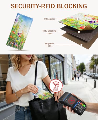 Image of Immaturus Floral Womens Wallet, Slim Thin RFID Blocking Card Wallets, Bifold PU Leather Credit Card Holder Organizer, Cute Cash Clutch Long Billfold with Zipper Coin Pocket Ladies Girls Gift