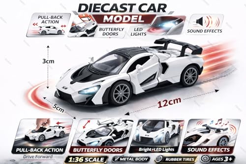 Image of Mini McLaren Senna Toy Car Model 1:36 Scale Die-cast Metal Pull Back Vehicle with Openable Doors, Lights & Music, Sports Model for Kids, Boys & Collectors (White)