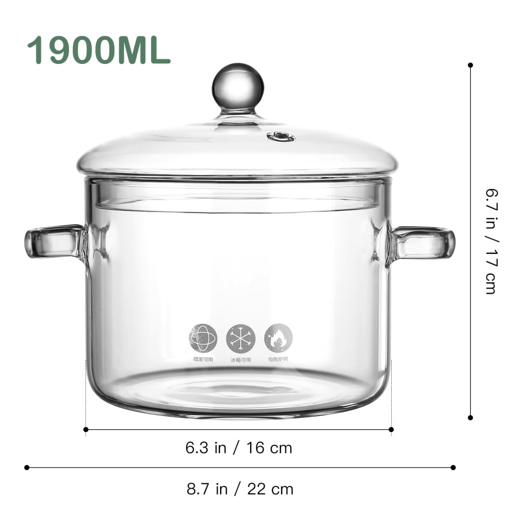 Vaguelly Pentola in Borosilicato 1900ml Pentola Trasparente con Coperchio e Doppie Maniglie per Gas e Induzione per Zuppe Pasta e Ricette Salutari Adatta a Famiglie e Studenti per Inverno