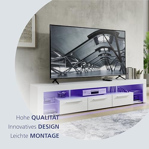 GOAL Lowboard in Hochglanz Weiß mit blauer LED-Beleuchtung - hochwertiges TV-Board mit viel Stauraum für Ihr Wohnzimmer - 200 x 44 x 44 cm (B/H/T)