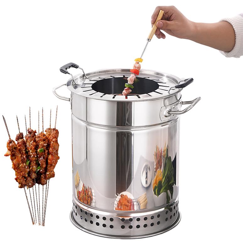 Parrilla de barbacoa de acero inoxidable sin humo, ahumador vertical portátil con brochetas, asado de 360° para cocinar al aire libre