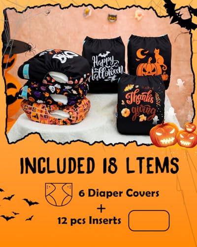 Image of ALVABABY Halloween Baby Cloth Diapers 6 Pack with 12 Inserts Cloth Diaper Covers Adjustable Washable Reusable for Baby Girls and Boys