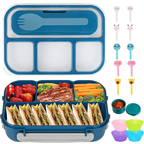 El Mejor Listado de Fiambreras bento . 49 Bento Box, Fiambrera Lonchera para Adultos Niñas y Niño, Caja de Almuerzo de Estudiante, 1300 ml-4 Compartimentos, con Púas de Alimentos,Tazas para Tartas(AZUL)