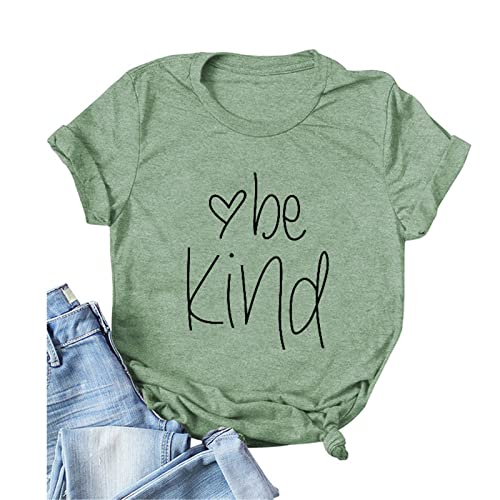 FREEPPCC T-shirt da donna a maniche corte con stampa a cuore con scritta "Be Kind", Verde, L