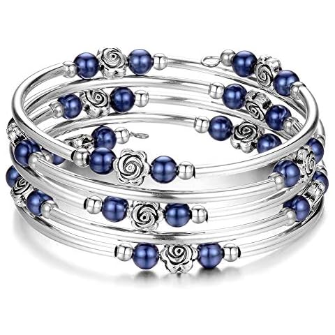 BULINLIN Wrap Bangle Rose Bead Bracelet - Beaded Bracelet with Natural Agate Stone Gifts For Women(01-Navy blue pearl) Cover