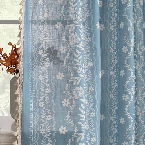 Image of MYSKY HOME Dusty Blue Boho Floral Curtains 72 Inch Length Linen Blend