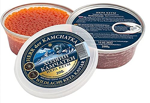 Kaviar - Herr der Kamchatka Keta Lachskaviar Premium (- 18°C) - Wildfang aus Kamchatka- 200g Dose -malossol - leicht gesalzen : Roter Kaviar ohne Konservierungsmittel - caviar - икра