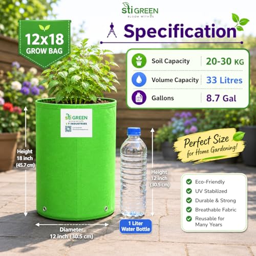 Image of HDPE Grow Bags for Plants 12X18 Inch (Pack of 1) | 260 GSM Heavy Duty UV-Protected Round Green Colour Plant Bags for Terrace and Vegetable Gardening | Strong & Reusable|