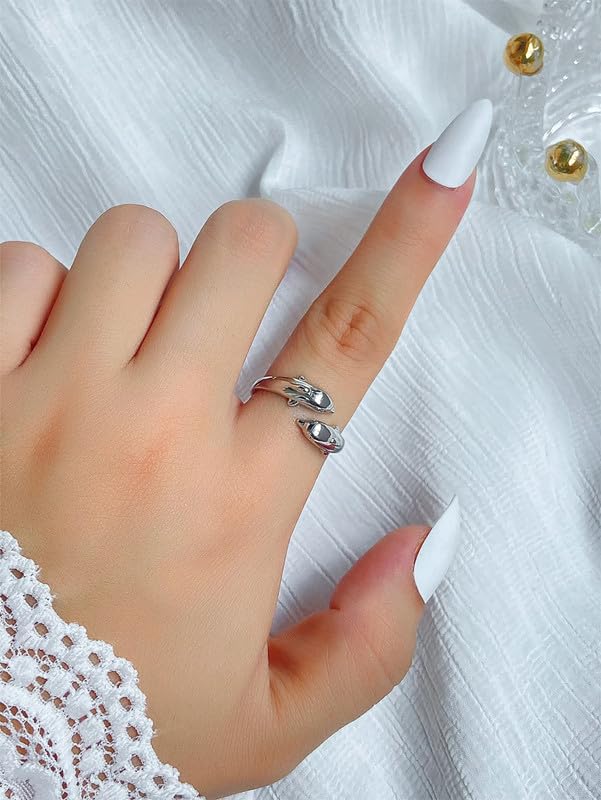 Cute Happy Double Dolphin Love Rings for Women Charm Gentle Silver Color Open Adjustable Finger Ring Daily Wear Party Jewelry Gifts