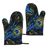 Peacock Feather Printed Oven Mitts Pair Waterproof Heat Resistant Oven Gloves for Home Kitchen Micro