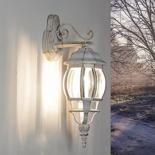 Lampada da parete esterna Brest a forma di lanterna con braccio bianco oro stile rustico retrò E27 IP44 ideale per giardino, terrazzo, cortile
