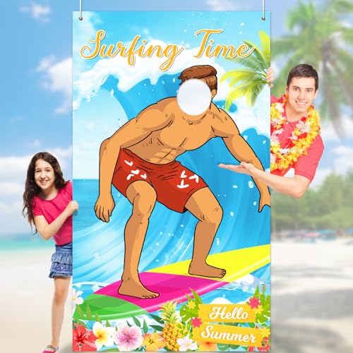 HiParty Hawaiian Luau Photo Backdrop, Aloha Banner for Hawaiian, Tiki Luau Party Decorations, 59x39 Inch, Blue, Boy Surfing Theme